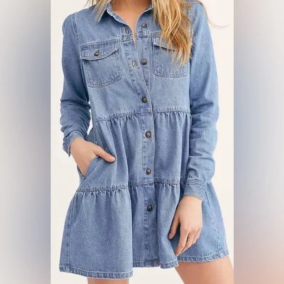 free people patches of denim dress Free People Flower Patch Denim Mini Dress in Blue